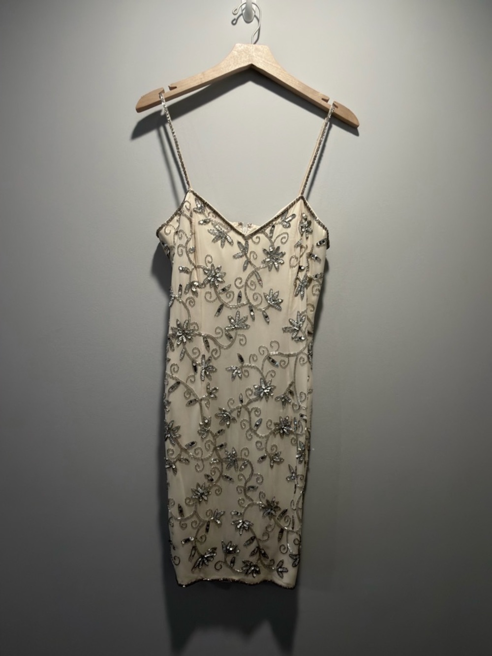 A.J. Bari Ivory Mini Slip Dress with Silver Beading
